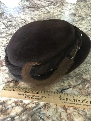 复古女士棕色正品天鹅绒帽子;水钻??/父亲/网状;1950/60 年代 — 第 1/4 张图片