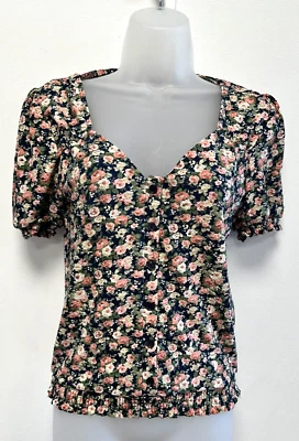 NEW! Oasis navy blue floral stretch non-fastening short-sleeve pointelle blouse - Image 1 of 4