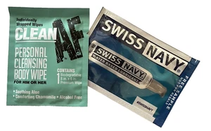 Personal Cleansing Body Wipe, 8 x 6", Aloe w Free Sample of Swiss Navy Lube Pk - Picture 1 of 2
