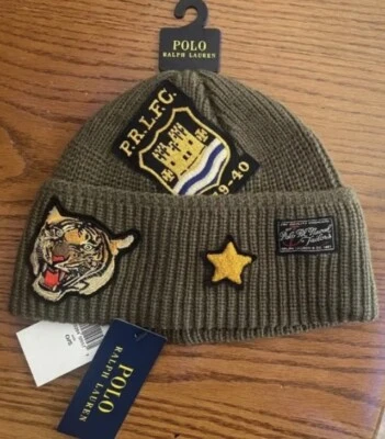 Polo Ralph Lauren Tiger Multi Patch Beanie Hat Olive Green NWT - Image 1 of 2