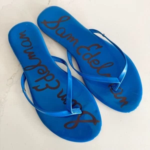 Sam Edelman Flip Flop Flat Thong Sandal Women's 8 Royal Blue Patent Leather - Picture 1 of 5