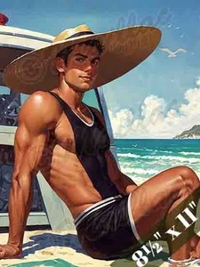 Flirty Beach Boy in Tank Top & Straw Hat – Gay Art Print – Gay Homoerotic 2488 - Picture 1 of 2