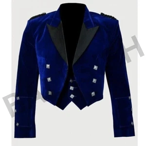 Men’s Scottish Blue Velvet Prince Charlie Jacket with 5-Button Vest | Kilt - Picture 1 of 3