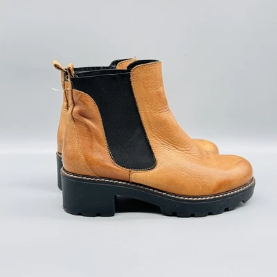 Anthropologie Boots Womens 6.5 Brown Leather Chelsea Lug Sole Block Heel Pull On - Image 1 of 4