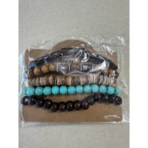 Men's 5 Piece Beaded Stretch Bracelet Set Wood Turquoise Brown Black New - Picture 1 of 5