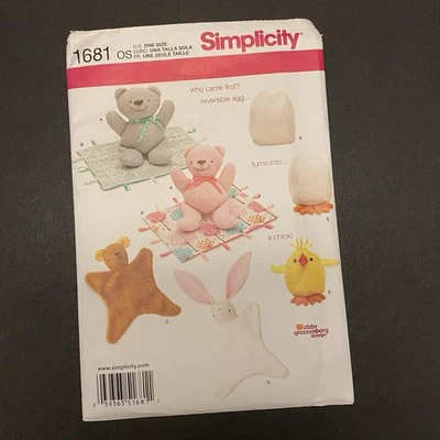 Simplicity 1681 Chick in Egg Toy Bear Bunny Blanket Lovey Uncut Sewing Pattern - Image 1 of 2