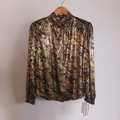 VTG 80s Black Gold Foil Animal Print Blouse By LAUREN LEE Disco Glam Rock NWT S - Image 1 of 4
