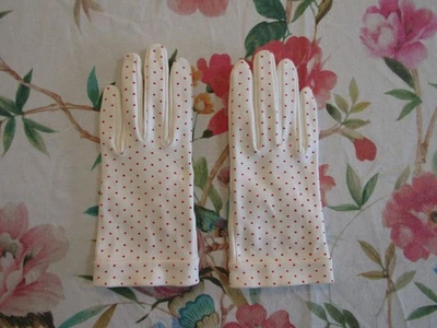 Vintage NEYRET Red & White Polka Dots Dotted Cotton Gloves--8" Length--Sz 6 1/2 - Image 1 of 3