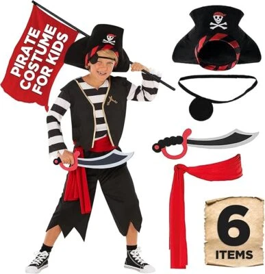 Disfraz de pirata negro para niños sombrero juguete espada 3-12 años niños pirata mazo Halloween Foto 1 de 4