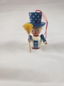 Vintage Steinbach German Wood Christmas Ornament White Snowman Blue Hat & Broom - Picture 1 of 8