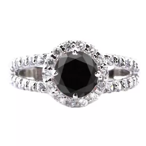 925 Sterling Silver & 3.40Ct Round Cut Natural Black Diamond Solitaire Ring - Picture 1 of 6