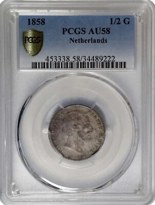 Netherlands 1/2 Gulden 1858 PCGS: AU 58. #C406 - Image 1 of 2