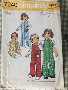 Simplicity 7240 size 1 Toddler Boys or Girls Jumpsuit with Kangaroo Applique - Picture 1 of 3