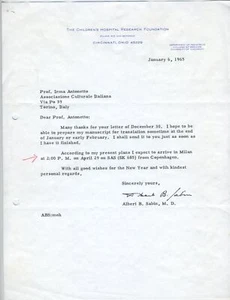 Albert SABIN (1906–1993): Typed Letter Signed (VACCINE) (CHILDREN'S HOSPITAL) - Picture 1 of 1