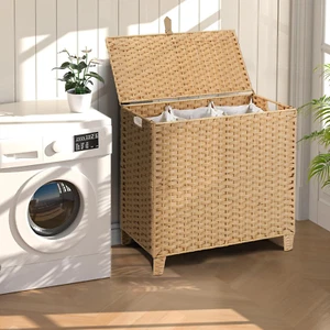 214 L Wicker Laundry Hamper with Lid 3 Section Extra Large Handwoven Basket - Picture 1 of 12
