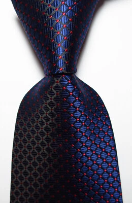 New Classic Checks Dark Blue Red JACQUARD WOVEN Silk Men's Tie Necktie - Image 1 of 2