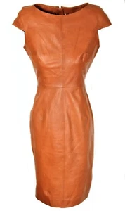 Women's SOFT GENUINE LEATHER Elegant Knee Length Cognac Leather Dress Size M - Picture 1 of 9