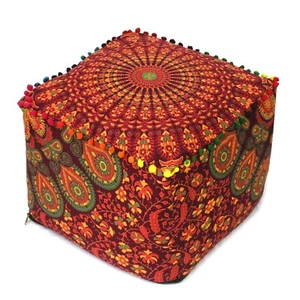 Ottoman Indian Mandala Pouf Cover Cotton Floor Cushion Cover Large Square Case - Picture 1 of 6