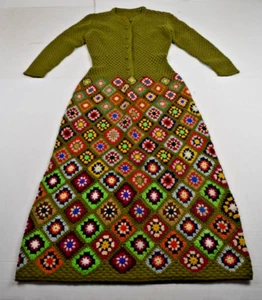 Vintage Dress Size S/M 70s Olive Green Granny Square Afghan Blanket Dress - Picture 1 of 9