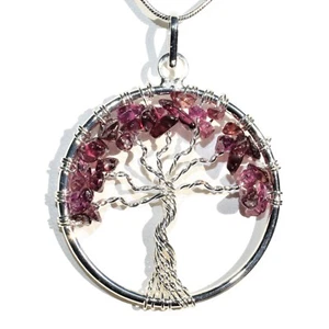 CHARGED Rhodolite Garnet Tree of Life Pendant + 20" Stainless Steel Chain - Picture 1 of 8