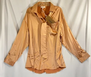 Listicle Gold Blouse Women's Size Large Silky Button Down with Neck Tie - NWT - Picture 1 of 11