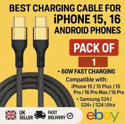Type C to Type C Cable USB C Fast Charger Samsung Lead For iPhone 15 16 Pro 2M - Image 1 of 2