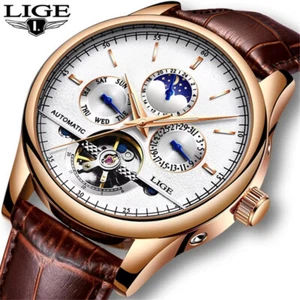 LIGE Men Brand Mechanical Automatic Leather Wristwatch Male Tourbillon Watches - Picture 1 of 18