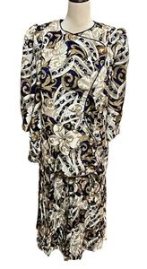 S L Fashions Vintage Blouse Skirt Set Skirt hs drop waist. Blue Gold Cream Sz 14 - Picture 1 of 6