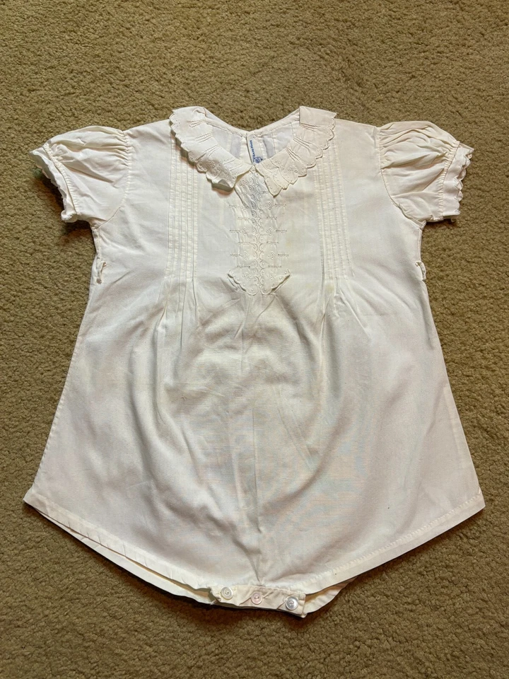 Vintage 40s Handmade Baby Christening Baptismal Romper White Cotton Embroidery - Image 1 of 4