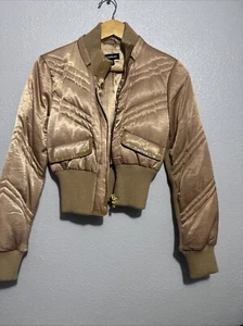 Vintage Satin Quilted Puff Gold Women Stitched Bomber Jacket - Picture 1 of 20