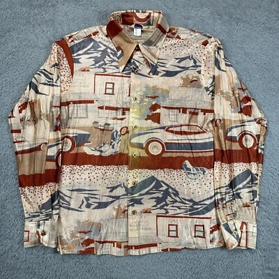 Винтажная мужская большая рубашка 70-х Hutspah диско воротник-бабочка спортивные автомобили природа - Изображение 1 из 4