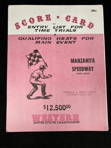 1969 MANZANITA SPEEDWAY WESTERN U.S. CHAMPIONSHIP OFFICIAL SCORE CARD,10/9-10/10