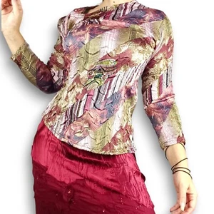Pink floral ladies patchwork shirt vintage 2000s Y2K popcorn stretch rippled L - Picture 1 of 11