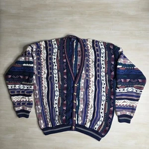 Vintage 90s Cotton Traders Men’s Cardigan 3D Knit Sweater Cosby Coogi Style 2XLT - Picture 1 of 14