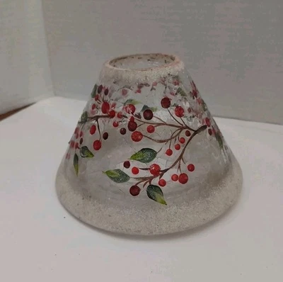 Crackle Glass Candle Jar Shade Topper Winter Berry Branches Snow Frosted - Image 1 of 4