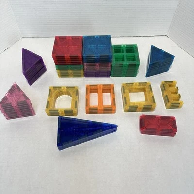 Magnetic Building Tiles Blocks Lot of 90 Assorted Colors Shapes Square Triangle - Image 1 of 3