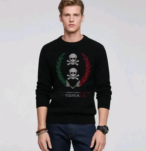 Maglione Uomo Lusso Diamante Teschio Strass Moda Maglia Nero Nuovo - Foto 1 di 5