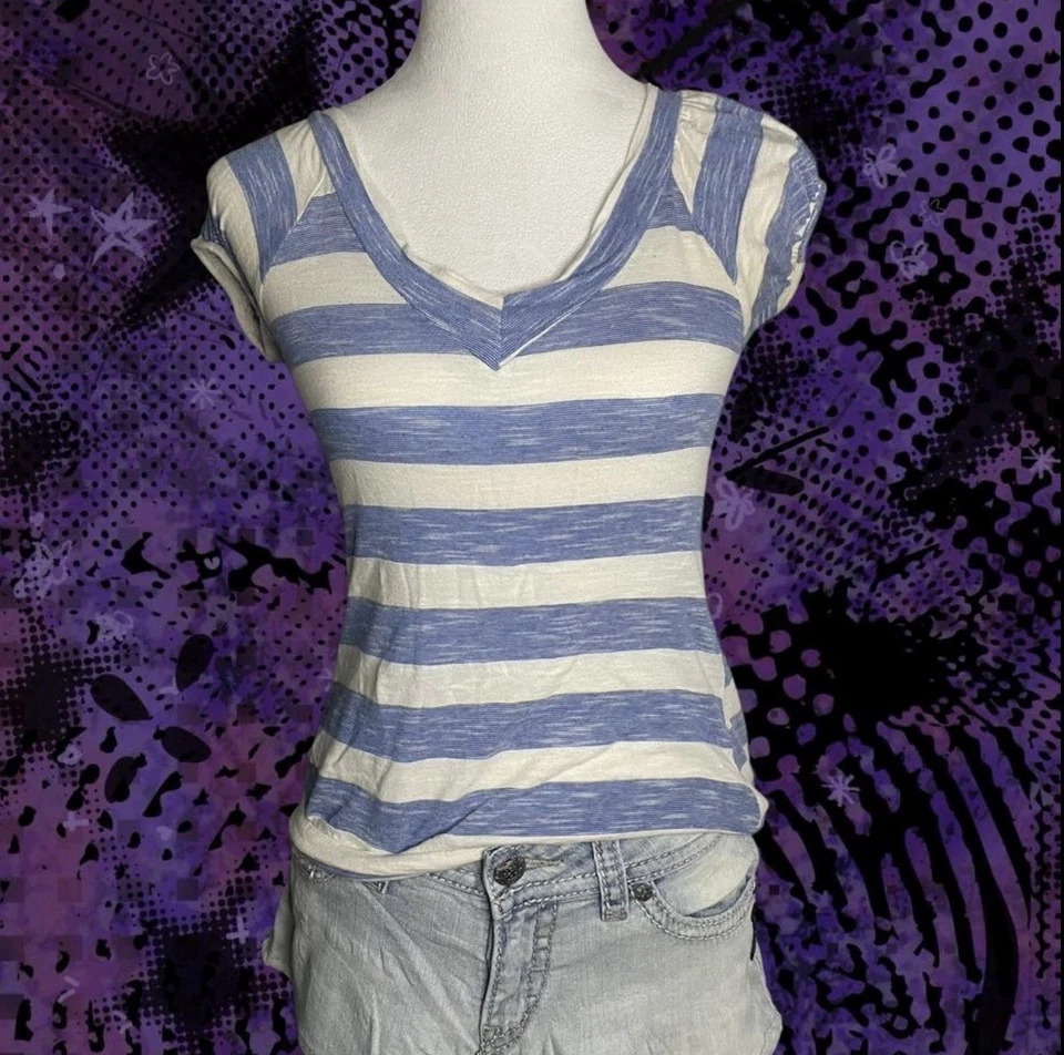 Women’s blue & white striped lace back tee  love & kisses usa SZ M - Image 1 of 3