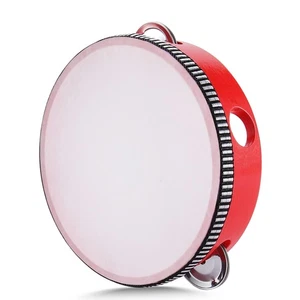 Wood Handheld Tambourine 6" Inch Single Row 4 Pair Jingles Red Hand Percussion - Picture 1 of 9