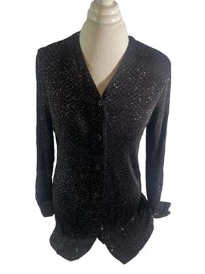 Vintage Sheri Martin NY Blouse Womens Sz 6 Black Silver Metallic Glam Dressy USA - Image 1 of 4