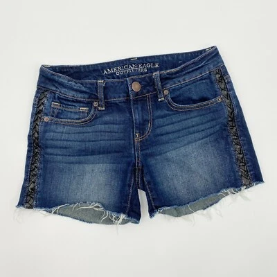 Pantalones Cortos American Eagle Para Mujer 4 Jean Denim Corte Imitación Cuero Trenzado Ribete Dobladillo Crudo Foto 1 de 4