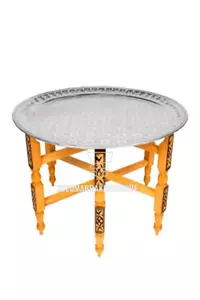 Handmade Moroccan 40" Round Brass Tray Tea Table with folding Wood Stand Thuya W - Picture 1 of 29