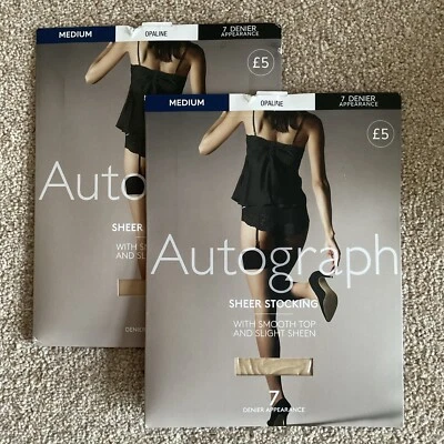 2 x M&S MEDIUM Autograph Sheer Stockings Opaline Nude Smooth Top Slight Sheen M