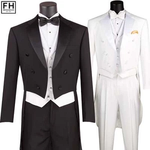VINCI Men's Classic-Fit Tailcoat Tuxedo w/ White Vest - 36R-56L, 2 Colors - NEW - Picture 1 of 11