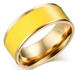 Stainless Steel Gold Tone Edge Enamel Plated Ring and Band 8MM - Picture 1 of 37