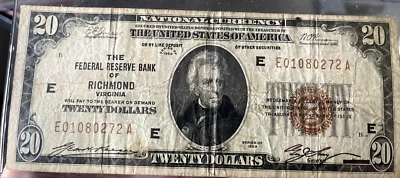 1929 $20 Federal Reserve Note Richmand Virgina #E01080272 - Image 1 of 2