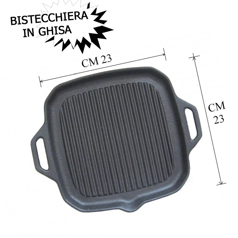 PIASTRA BISTECCHIERA QUADRA IN GHISA 23x23 ANTIADERENTE GRIGLIATA COTTURA CARNE - Immagine 1 di 1
