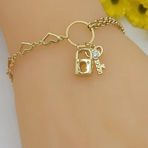 14K Gold Plated Padlock & Key Charms Hearts & Double Chain Bracelet Fancy Unique - Picture 1 of 6