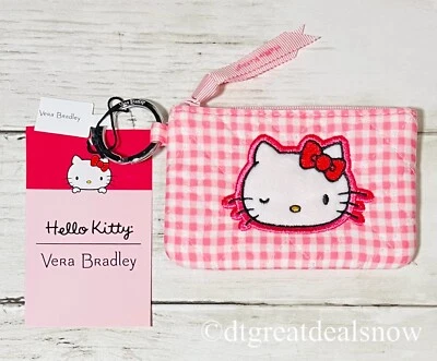 Vera Bradley Hello Kitty Gingham Pink White Zip ID Case Small Coin Purse Wallet - Image 1 of 4