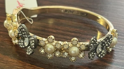 Betsey Johnson Faux Pearl & Crystal Butterfly & Flower Bangle Bracelet - Image 1 of 4